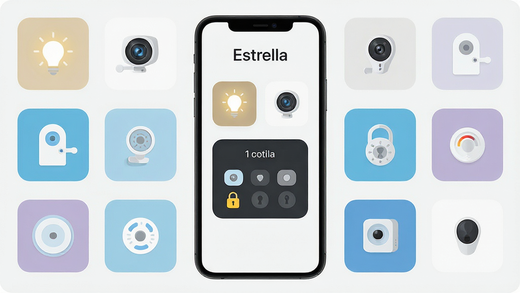 EstrellaӦ�ý���չʾ���������豸ͼ���������У��ֻ���Ļ������ʾ�ƹ⡢����ͷ������������壬ǳɫ��������ƽ����Ʒ�񣬻���ɾ����������ֱ�ע��Estrella�������廭�ʣ��޶���Ԫ��