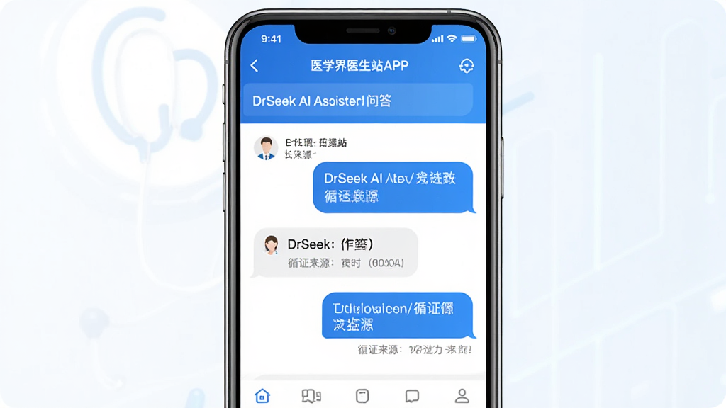 ҽѧ��ҽ��վAPP�����ͼ��չʾDrSeek AI�����ʴ�ҳ�棬����Ϊ�ֻ���Ļ�����־��У��Ű����������Ϊ�ִ�ҽ�ƿƼ��磬ϸ�ڰ�����ɫ��ɫ�����ʴ����ݡ�ѭ֤��Դ��ע�����ʸ��壬�ɾ����޶���Ԫ��