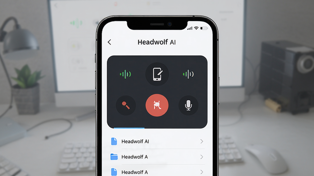 Headwolf AI 软件界面展示,主体为手机屏幕显示录音控制面板,布局居中,排版简洁,风格现代科技感,细节包括录音按钮、设备连接状态图标、文件列表,画质清晰,干净,无多余元素