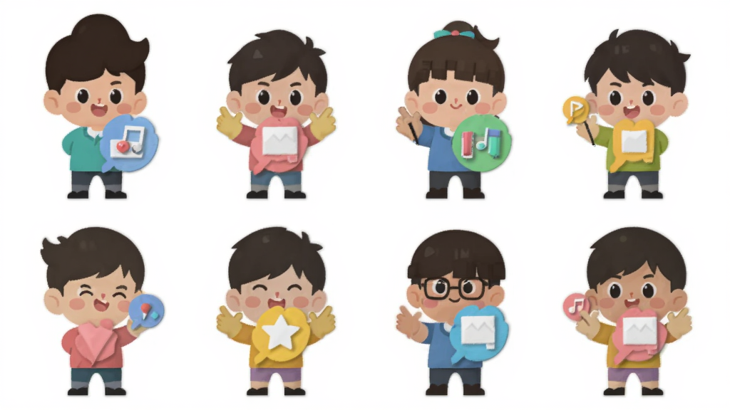bilibili UP box 换皮 音乐创作界面,多个卡通小人排列,彩色图标拖动到小人身上,明亮活泼的色彩,扁平化插画风格,干净背景,高清画质,无多余元素