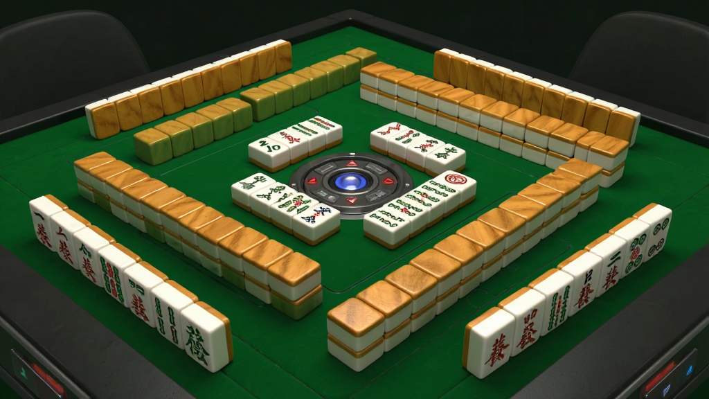 四川麻将(血战到底)3D牌桌界面,主体为绿色麻将桌和立体麻将牌,布局居中展示牌局,排版简洁,风格写实科技感,细节有麻将纹理和光影,画质清晰干净,无多余元素