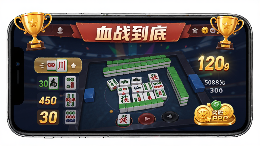四川麻将(血战到底)赛事界面,主体为手机屏幕显示麻将比赛排行榜和金币奖励,布局上下结构,排版整齐,风格活力竞技,细节有奖杯和数字,画质清晰干净,无多余元素