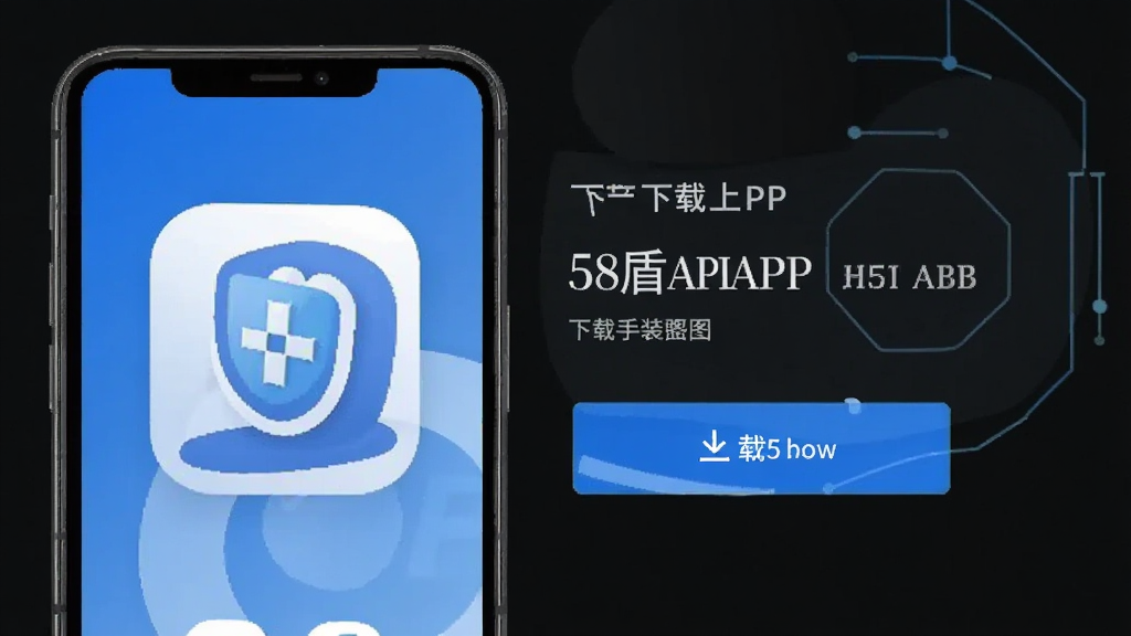 58盾APP在安卓手机上的下载安装页面示意图,简洁科技风格,手机屏幕显示应用图标和下载按钮,蓝白配色,画面干净清晰