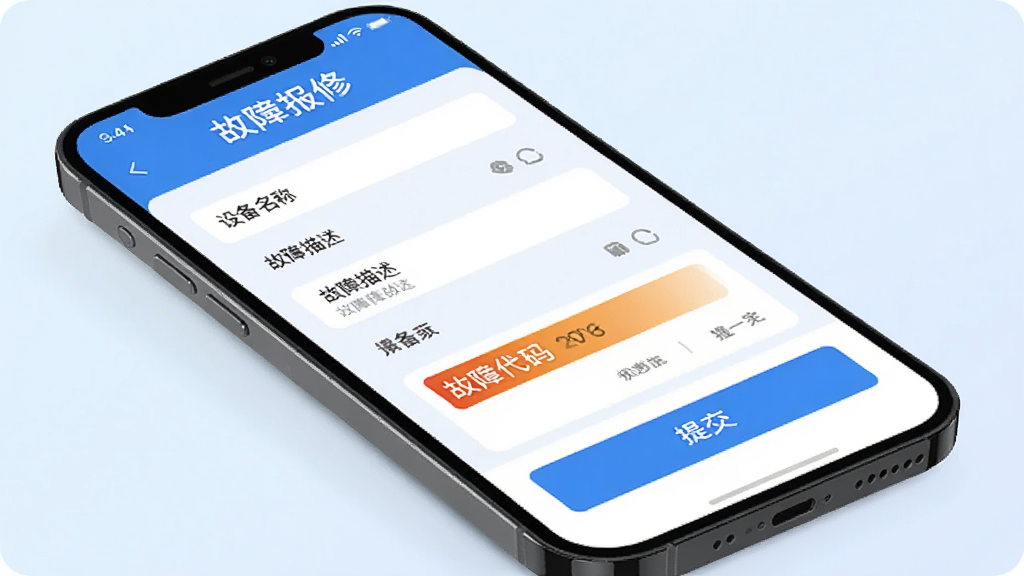 ��������APP���ϱ��޽��棬�ֻ���Ļ��ʾ���޹�����дҳ�棬�����豸���ơ������������ύ��ť������Ϊ����ɫ���䣬���Ϊ�������磬ϸ���й��ϴ��������ʾ�������������ɾ����޶���Ԫ��