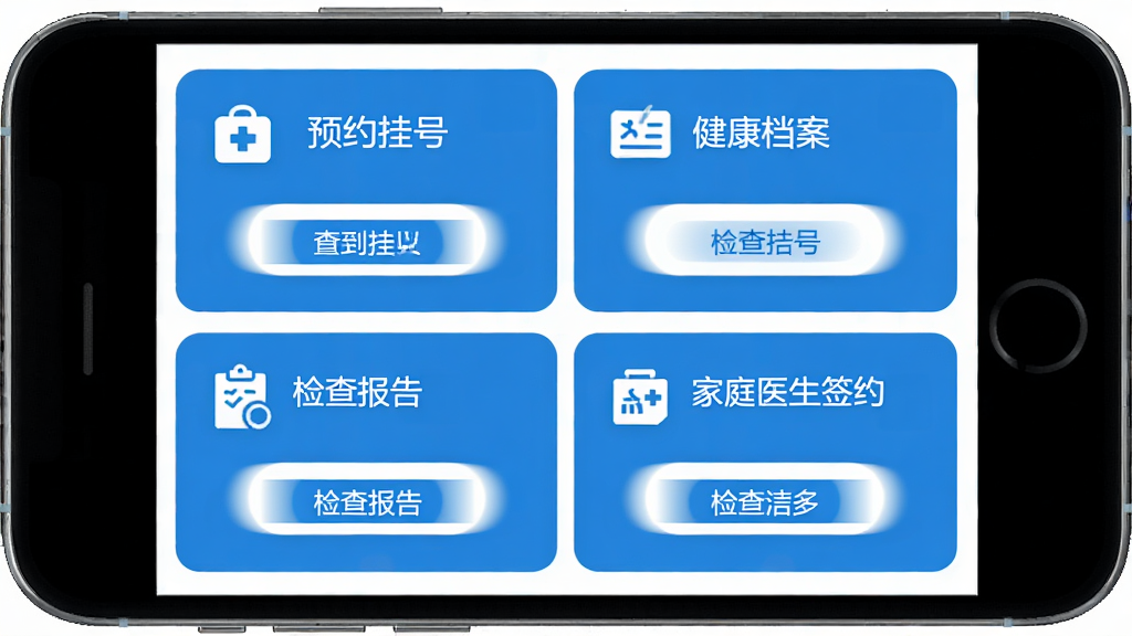 ��������APP����չʾͼ������Ϊ�ֻ���Ļ��ʾԤԼ�Һš�������������鱨�桢��ͥҽ��ǩԼ�Ĵ���ģ�飬����Ϊ�Ĺ������У��Ű��������������Ϊ��ƽ��ҽ��������ɫ��ϸ�ڰ���ͼ�ꡢ���ֱ�ǩ�ͼ�ఴť�����ʸ��壬�ɾ����޶���Ԫ��