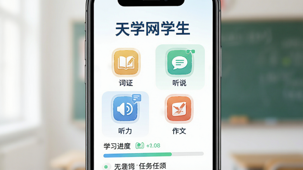 ��ѧ��ѧ��APP��ҳ����չʾ������Ϊ�ֻ���Ļ�����־��У��Ϸ���ʾ����ѧ��ѧ�������֣��·�Ϊ�ʻ㡢��˵�������������Ĵ���ͼ�꣬�Ű��࣬������½����磬ϸ�ڰ���ѧϰ�������������б��������������ɾ����޶���Ԫ��