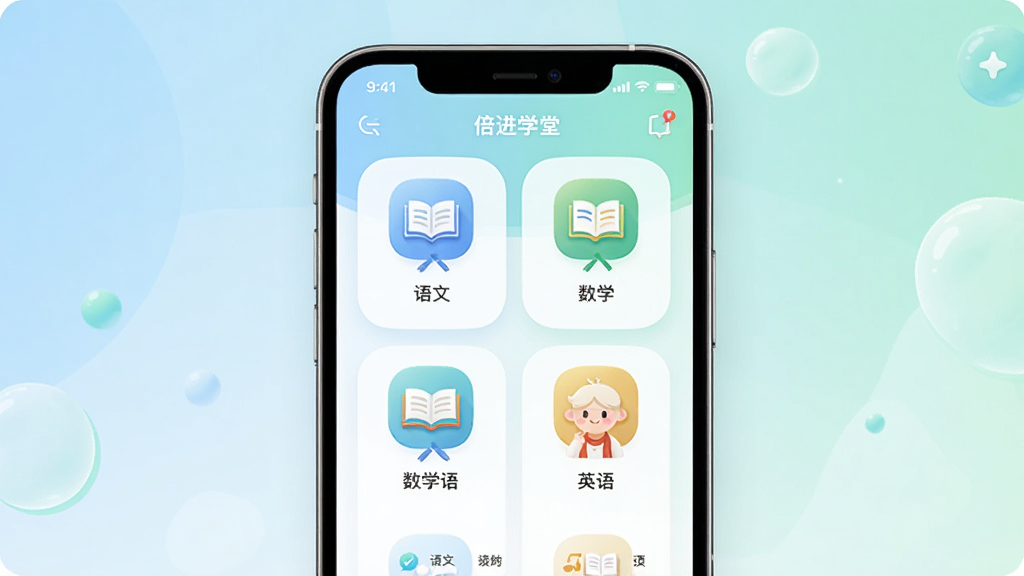 ����ѧ��APP����չʾ������Ϊ�ֻ���Ļ����ʾ��ѧ�Ƹ�������ģ�飬����Ϊ�����ֻ�����ͼ���Ű�����չʾ������ѧӢ��ͼ�꣬���Ϊ���½�����UI��ƣ�ϸ�ڰ������������ɫ��Բ�ǿ�Ƭ�����ʸ���ɾ��޶���Ԫ��