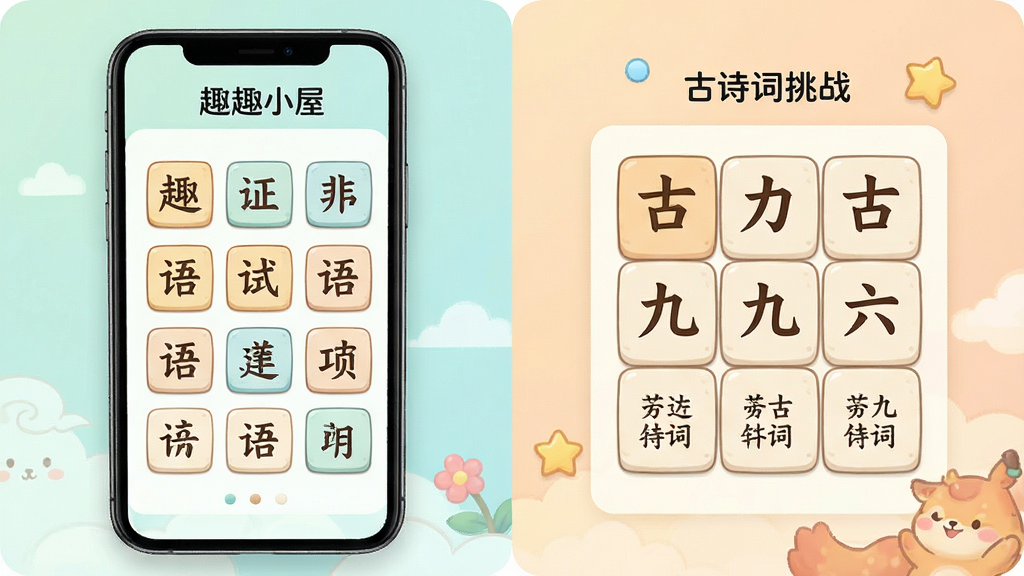 ȤȤС��Ӧ�ý���չʾ������Ϊ�ֻ���Ļ����ʾ������պ͹�ʫ�ʾŹ�����ս���棬����Ϊ���ҷ���չʾ��������ģ�飬�Ű������������Ϊ���¿�ͨ���Ƿ磬ϸ�ڰ������ַ��顢ʫ�����֡���ͱ���ɫ�����ʸ��壬�ɾ����޶���Ԫ��