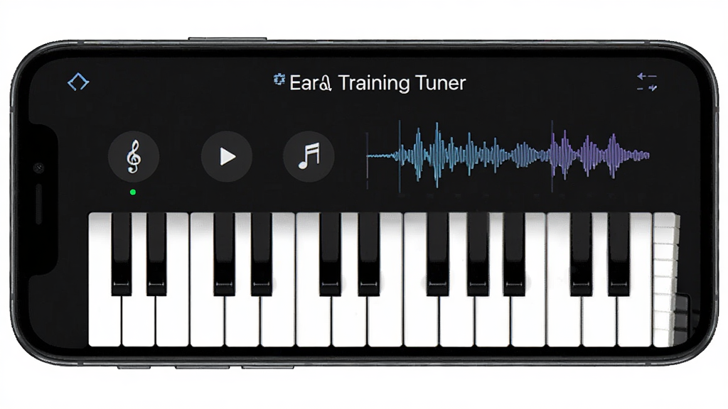 Ear Training Tuner ������������������չʾ������Ϊ�ֻ���Ļ��ʾ����ʶ������ټ��̶Աȣ����־��У��Ű�����������Լ�Ƽ���ϸ�ڰ�������ͼ���벨�Σ����ʸ��壬�ɾ����޶���Ԫ��