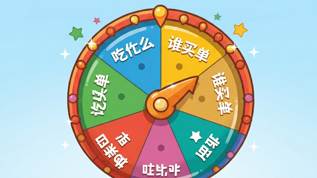 画面主体是一个色彩鲜艳的圆形转盘,转盘被划分为多个扇形区域,每个区域写有“吃什么”“谁买单”等文字,转盘指针指向其中一个区域。布局居中,背景为干净的浅蓝色渐变。风格为扁平化卡通插画,细节包括转盘上的高光与阴影、小星星装饰。画质清晰,干净,无多余元素。