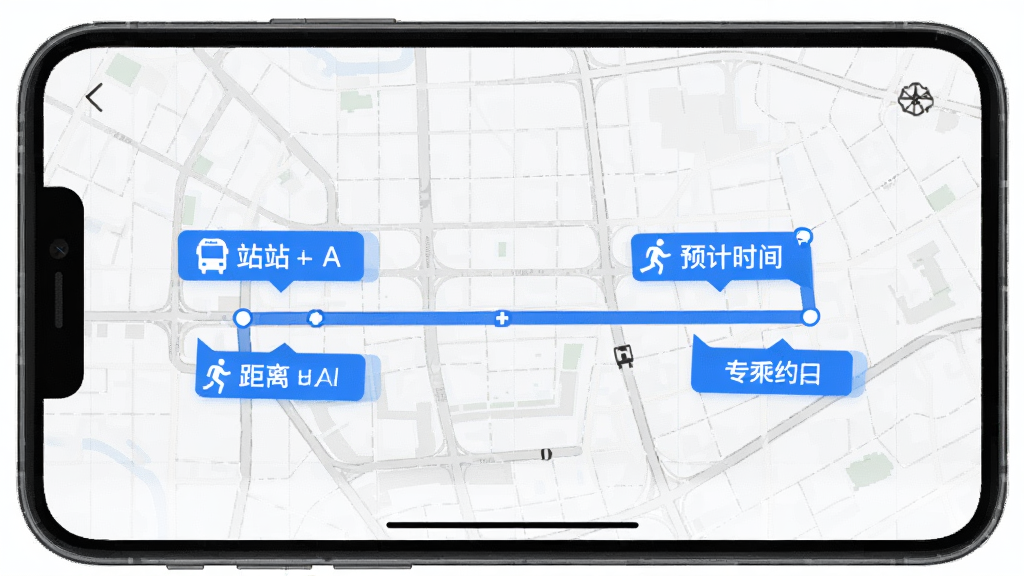 �����������ϲ�Ӧ���ڻ��˲�ѯ���ҳ�棬��ʾ��Aվ��Bվ�Ĺ����ӵ������·�ߣ����о����Ԥ��ʱ������Ŀ����ɫ��ǩ��ע��������ǳ��ɫ�����ͼ��UI��������񣬻���������������Ԫ��