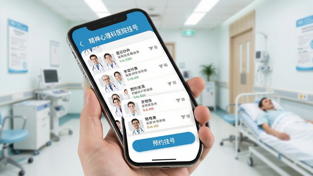 精神心理科医院挂号软件界面展示,手机屏幕显示医生列表和预约挂号按钮,白色背景,简洁医疗风格,画质清晰,干净无多余元素