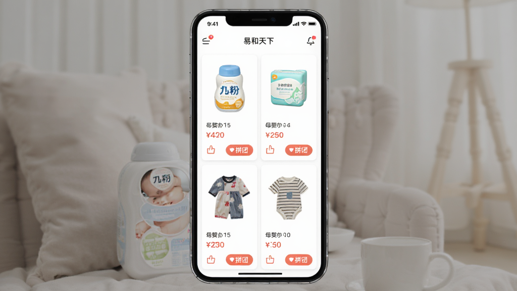 �׺�����APP����չʾ������Ϊ�ֻ���Ļ����ʾĸӤ��Ʒ�б�ҳ������Ϊ���з���һ�������ֻ�����Ļ�ڳ����̷ۡ�ֽ��㡢ͯװ����Ʒ��Ƭ���Ű��������������Ϊ�ִ���Լ���̷磬ϸ�ڰ�����Ʒ����ͼ���۸��ǩ��ƴ�Ű�ť�����ʸ��壬�ɾ����޶���Ԫ��
