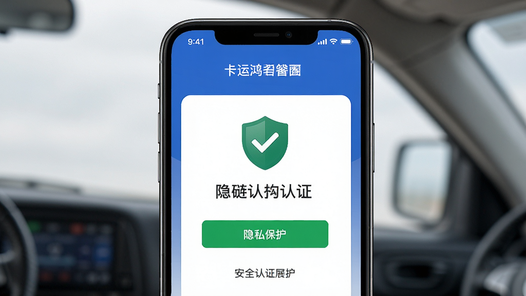 卡运鸿司机端 安全认证界面 展示实名认证和隐私保护功能 主体为手机屏幕显示认证通过页面 布局居中 排版简洁 风格商务 细节包括盾牌图标和绿色勾选标记 画质清晰 无多余元素
