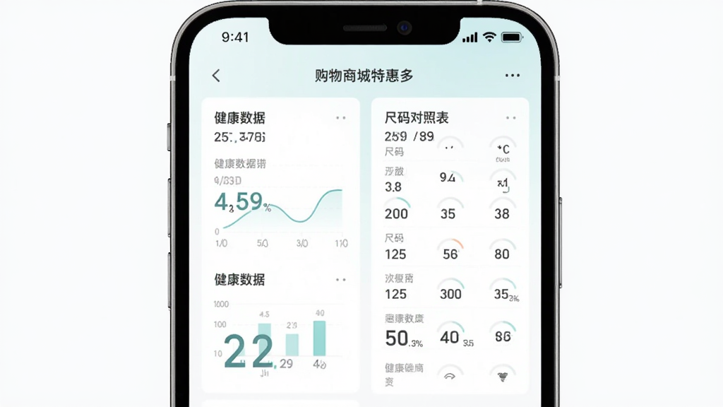 购物商城特惠多多功能界面,主体为手机屏幕显示健康数据和尺码对照表,布局分栏,排版整洁,风格清新浅色,细节有图表和数字,画质清晰,干净无多余元素。