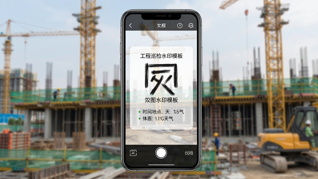 炅图水印相机界面展示,手机屏幕中显示工程巡检水印模板,包含时间地点天气信息,背景为建筑工地,排版清晰,风格简洁专业,画质干净,无多余元素