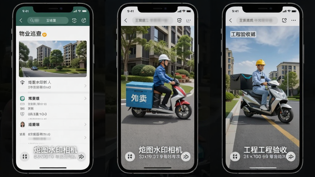 炅图水印相机多场景应用,画面中同时展示物业巡查、外卖派送、工程验收三个手机界面,均带有清晰水印信息,布局整齐,风格商务简洁,画质干净,无多余元素