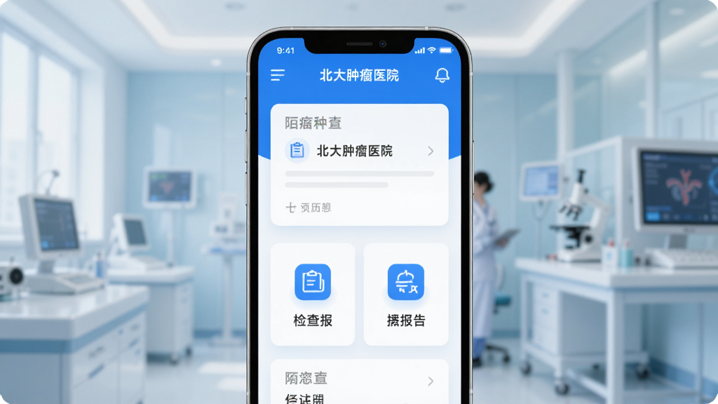 �ֻ���Ļ��ʾ��������ҽԺapp���棬����Ϊһ�������ֻ������־��У��Ű��࣬���Ϊ�ִ�ҽ�ƿƼ��磬ϸ�ڰ�����ɫ��ɫ����������Ƭ����鱨��ͼ�꣬�����������ɾ����޶���Ԫ��