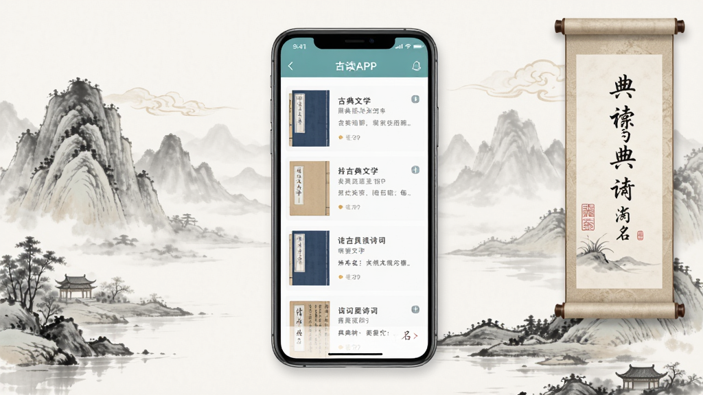 ���APP����չʾ������Ϊ�ֻ���Ļ����ʾ�ŵ���ѧ�鼮�б���ʫ�����䣬����Ϊ���з����ֻ�ģ�ͣ��Ű������������Ϊ���µ����й��磬ϸ�ڰ���ˮīɽˮ�����;���Ԫ�أ����ʸ��壬�ɾ����޶���Ԫ��
