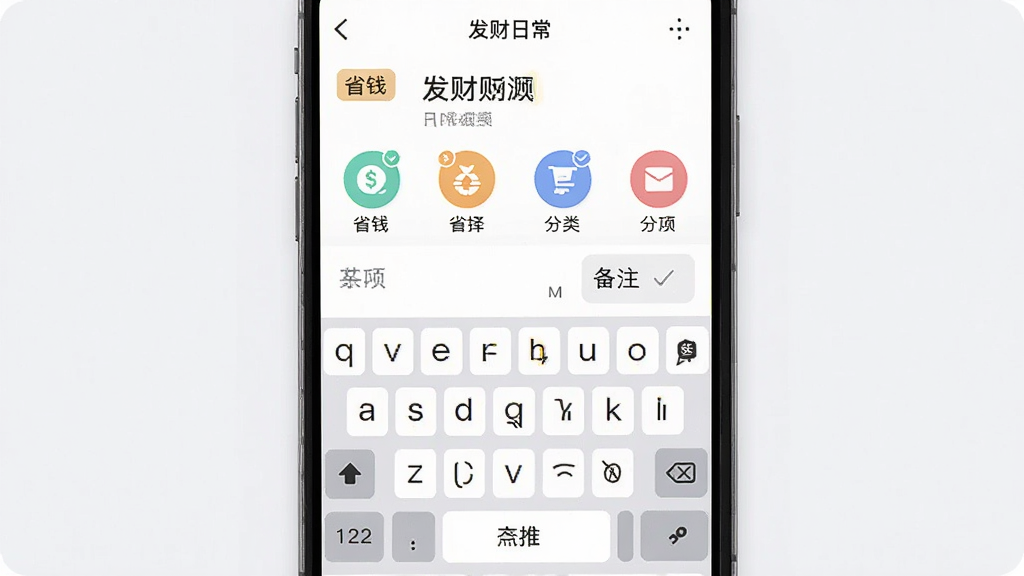 �����ճ�APP����ҳ�棬����Ϊ�ֻ���Ļ��ʾ���������������ͼ�꣬�������½ṹ���Ű����룬����ƽ����ϸ�ڰ�����ʡǮ����ǩ�ͱ�ע�򣬻��������ɾ�
