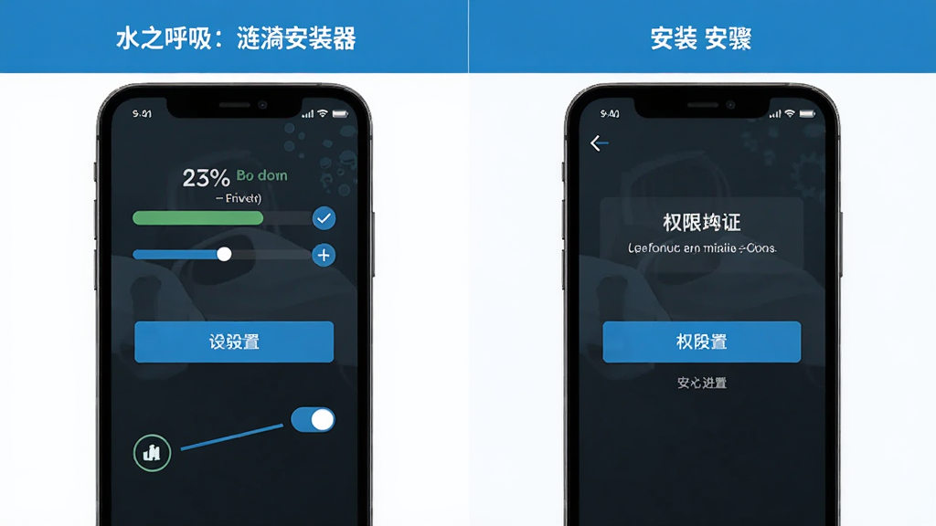 水之呼吸:涟漪安装器 安装步骤示意图,主体为手机屏幕显示安装进度条与权限开启界面,布局为上下分栏展示设置与安装两个步骤,排版简洁,风格为扁平化科技风,细节包括安装按钮、进度百分比、权限开关图标,画质清晰,干净,无多余元素