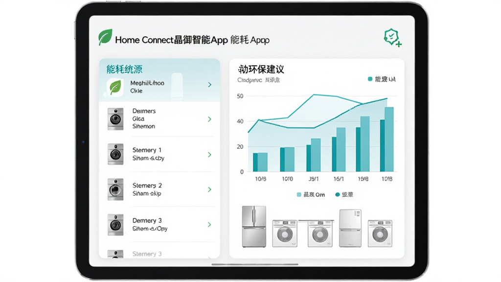 Home Connect��������Appչʾ�ܺ�ͳ��ͼ���뻷�����飬����Ϊƽ�������Ļ���������Ϊ�ҵ��б��Ҳ�Ϊ����ͼ�����Ű�����������Լ����ϸ�ڰ�����ɫ����ͼ���������Ӽҵ��Ʒ�����������������ɾ����޶���Ԫ��
