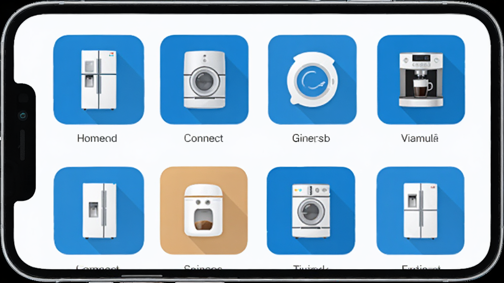 Home Connect��������App�����棬չʾ����ϴ�»����Ȼ������ܼҵ�ͼ�������������ֻ���Ļ�ϣ��ִ���Լ���������ɫ���ɾ����࣬���廭�ʣ��޶���Ԫ��