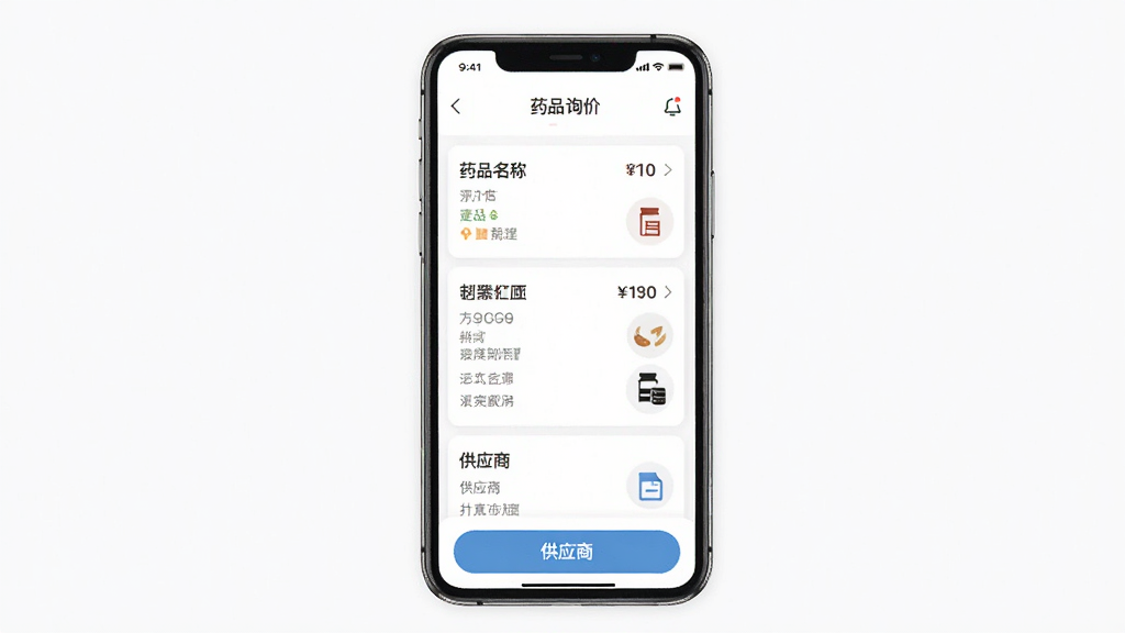 ҩ��æAPP����չʾ������Ϊ�ֻ���Ļ��ʾҩƷѯ���б������־��У��Ű�����������ִ���Լ��ϸ�ڰ���ҩƷ���ơ��۸񡢹�Ӧ�̰�ť�����������ɾ��޶���Ԫ��