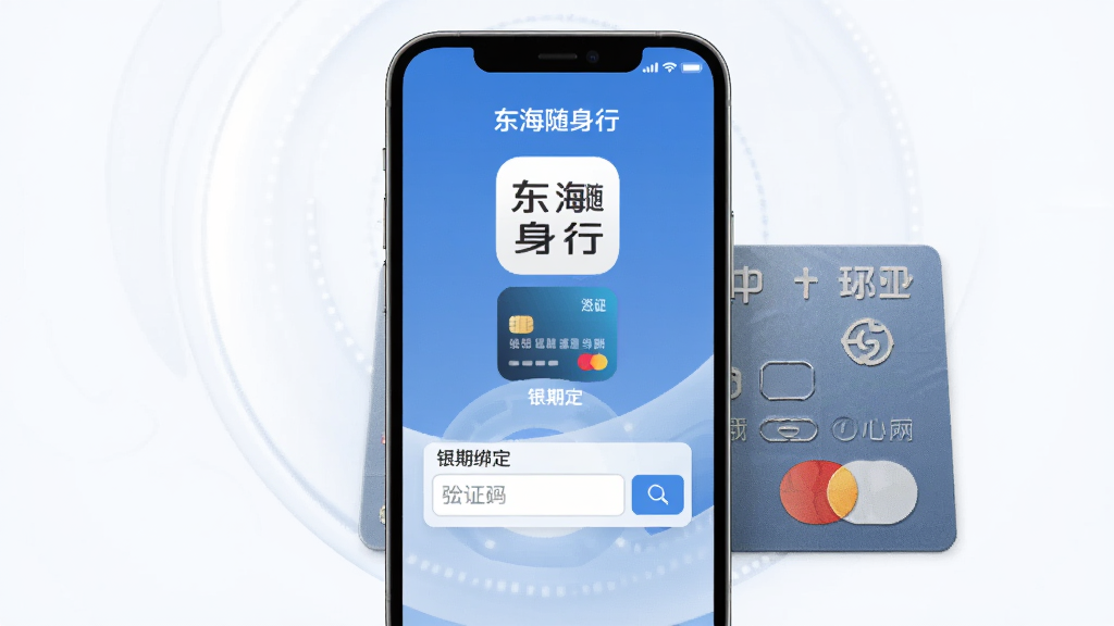 手机屏幕显示东海随身行APP银期绑定界面,主体为手机与银行卡,布局居中,排版简洁,风格商务科技感,细节包括APP图标、银行卡图标、验证码输入框,画质高清,干净,无多余元素