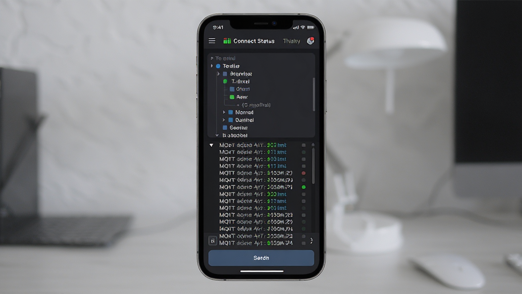 MQTT��������������չʾ������Ϊ�ֻ���Ļ��ʾMQTT������Ӧ�������棬�����Ϸ�Ϊ����״̬���м�Ϊ��Ϣ��־�б��·�Ϊ��ݷ��Ͱ�ť���Ű�������η��������Ϊ�ִ��Ƽ�����ɫ���⣬ϸ�ڰ������ⶩ����״ͼ��ʵʱ��������־���֡���ɫ״ָ̬ʾ�ƣ����ʸ���ɾ��޶���Ԫ��