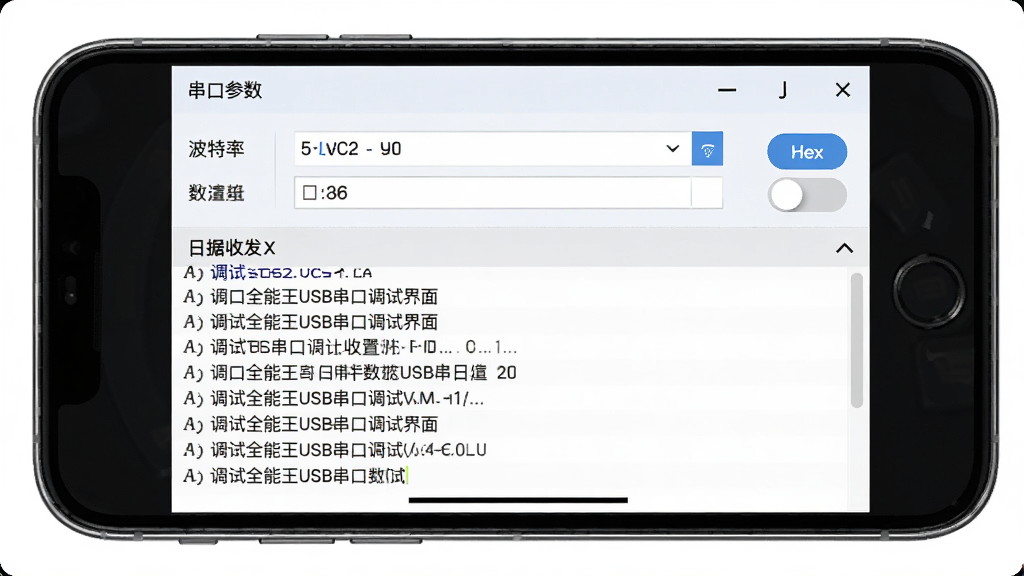 ����ȫ����USB���ڵ��Խ��棬����Ϊ�ֻ���Ļ��ʾ���ڲ����������������շ���¼������Ϊ�Ϸ��������·���־�б����Ű����������Ϊǳɫ��Լ����ϸ�ڰ�����������������Hex�л���ť�����ʸ���ɾ��޶���Ԫ��