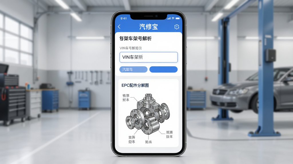���ޱ�APP����չʾVIN���ܺŽ������ܺ�EPC����ֽ�ͼ��ѯҳ�棬�ֻ���Ļ���аڷţ�����Ϊǳ��ɫ����ά�޳��䳡������������Ƽ��У�ϸ������չʾ���ܺ�����������ṹͼ�����ʸ��壬�ɾ��޶���Ԫ��
