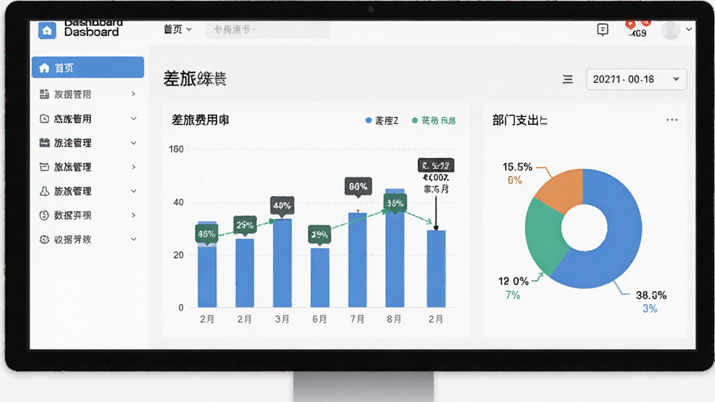电脑端旅途管家企业管理后台界面,主体为数据看板页面,布局左侧是导航菜单,右侧是差旅费用柱状图和部门支出饼图,排版规整,风格现代商务,细节包含数字金额、百分比标签和日期筛选器,画质清晰干净无多余元素