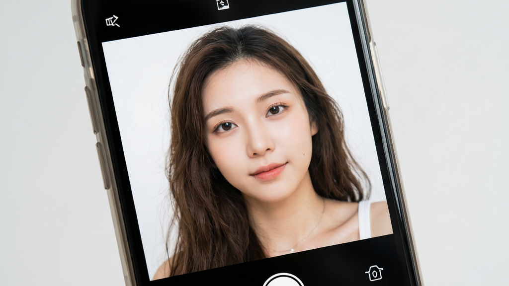 美颜写真照神器软件界面展示,手机屏幕中显示美颜修图操作界面,主体清晰,布局居中,排版简洁,风格清新现代,细节丰富,画质高清,干净无多余元素