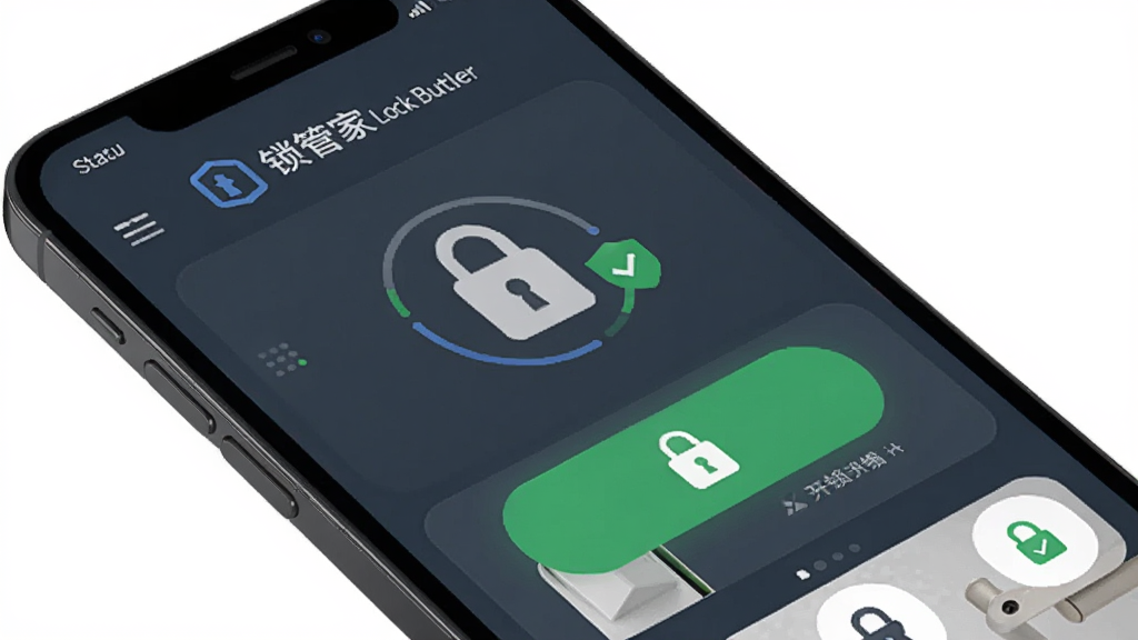�ҵ����ܼ� Lock Butler Ӧ�ý���չʾ������Ϊһ�������ֻ�����Ļ��ʾ����������������壬���������п�����ť��״̬ͼ�꣬�Ű���У����Ϊ�ִ��Ƽ��б�ƽ����ƣ�ϸ�ڰ�������ͼ�����ɫ��ȫ��ʶ�����ʸ��壬�ɾ����޶���Ԫ��