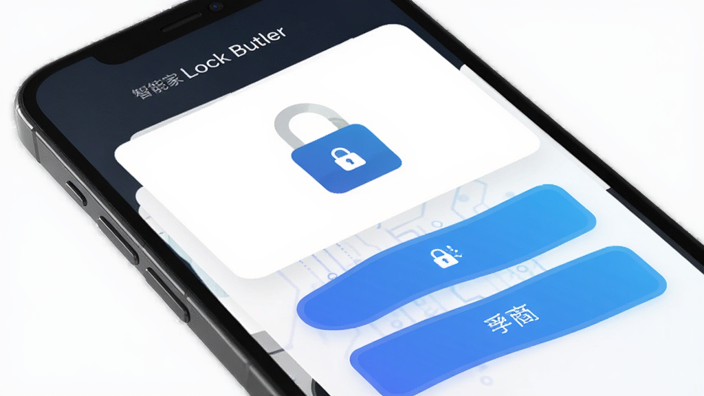 �ҵ����ܼ�Lock ButlerӦ�������棬����Ϊ�ֻ���Ļ��ʾ������״̬��Ƭ�����ֲ������½ṹ�Ϸ�Ϊ��ͼ���·�Ϊ���ܰ�ť���Ű������������Ϊ�ִ��Ƽ���ƽ����ϸ�ڰ�����ɫ���䰴ť������ͼ�꣬���ʸ��壬�ɾ����޶���Ԫ��