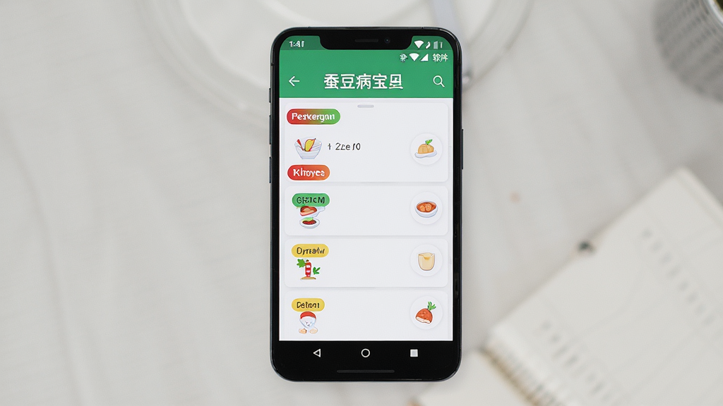 手机屏幕显示蚕豆病宝贝软件的食物禁忌列表,主体为一部安卓手机,布局居中,排版清晰,风格简约科技感,细节包含红绿黄三色标签和食物图标,画质高清,干净,无多余元素