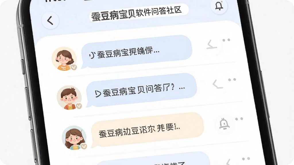 蚕豆病宝贝软件问答社区页面,主体为手机屏幕,布局列表式,排版简洁,风格柔和圆角,细节包含问答气泡和用户头像,画质高清,干净,无多余元素