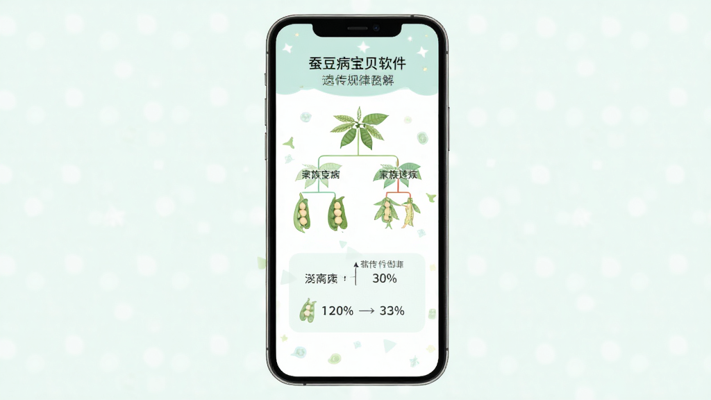 蚕豆病宝贝软件遗传规律图解页面,主体为手机屏幕,布局上下结构,排版图文结合,风格清新浅色,细节包含家族遗传树状图和概率百分比,画质高清,干净,无多余元素