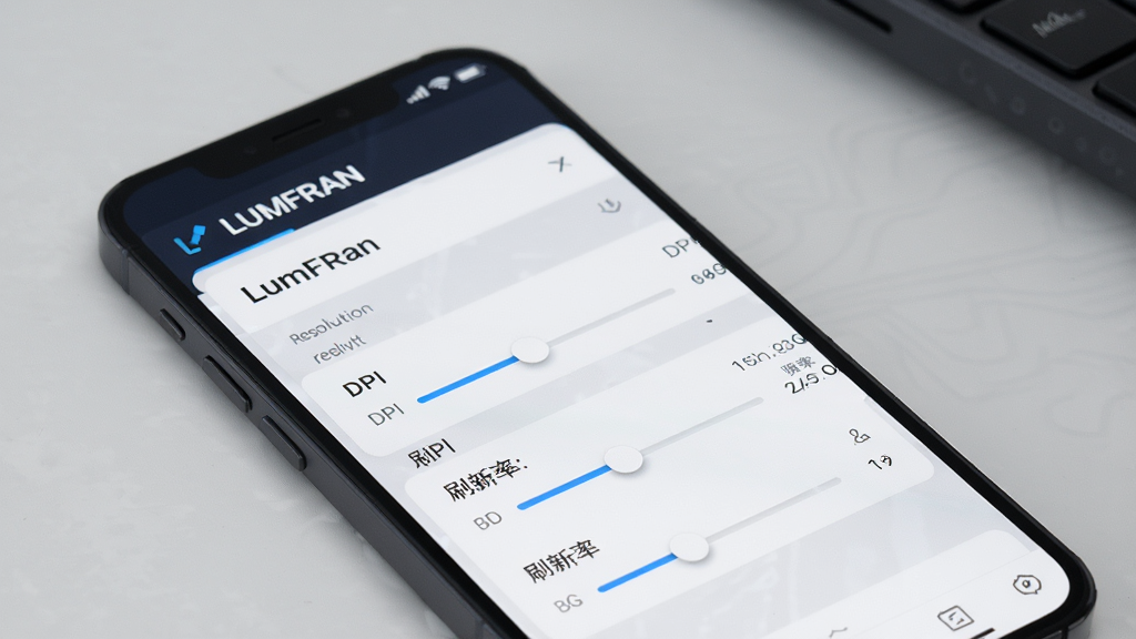 Lumfran 软件界面展示,主体为手机屏幕显示管理面板,布局清晰,排版有序,风格简约科技感,细节包含分辨率、DPI、刷新率等参数滑块,画质高清,干净,无多余元素