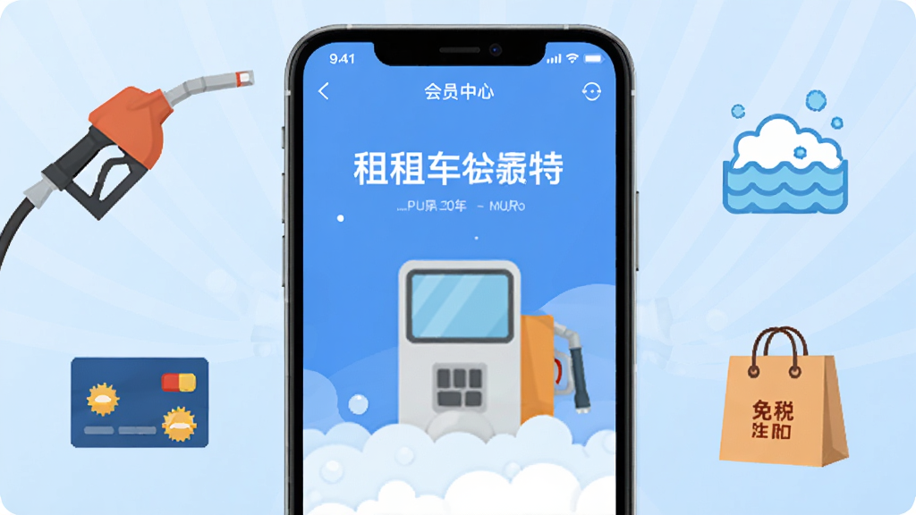 ���⳵��Ա��Ȩչʾ���ֻ���Ļ��ʾAPP��Ա����ҳ�棬��Χ���Ƽ���ǹ��ϴ����ĭ���绰������˰�깺�����ͼ��Ԫ�أ�����Ϊǳ��ɫ���䣬������±�ƽ����ƣ�ϸ�ڼ�࣬���ʸ��壬�ɾ��޶���Ԫ��