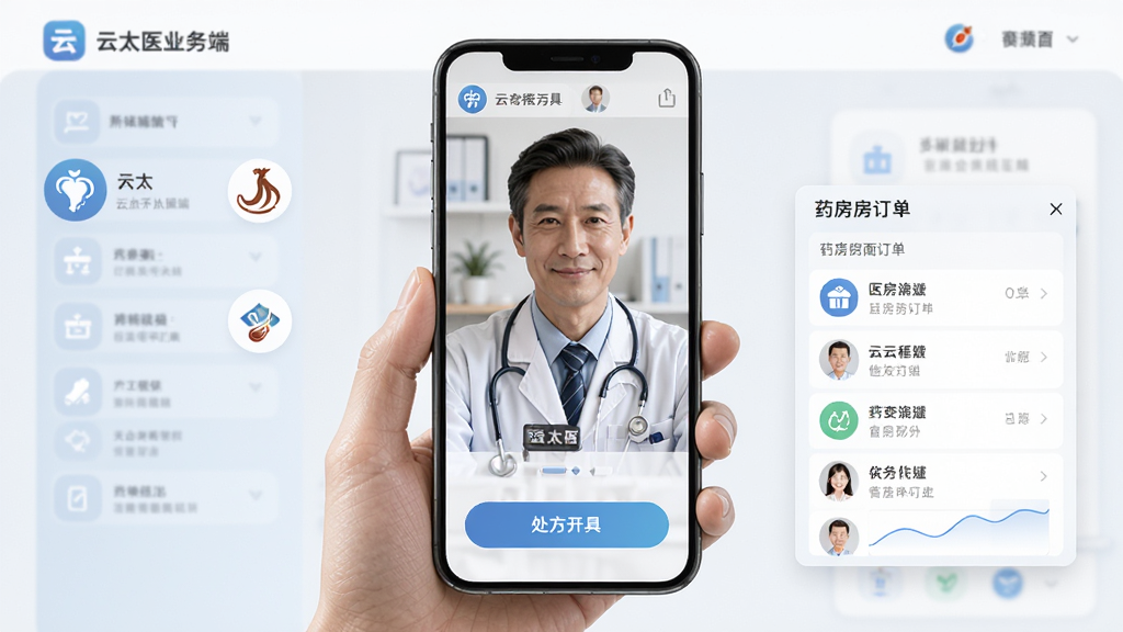 云太医业务端软件界面展示,主体为一位中医师手持手机进行视频问诊,布局为手机屏幕居中显示医生与患者视频画面,下方有处方开具按钮,排版简洁清晰,风格为现代医疗科技风,细节包含中医元素图标与药房订单悬浮窗,画质高清,干净,无多余元素