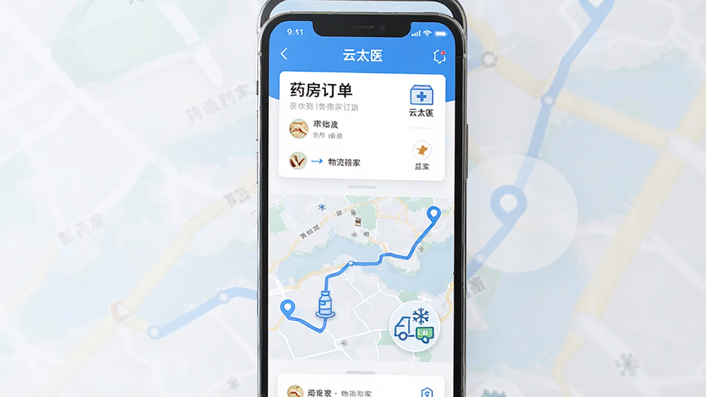 云太医业务端送药到家功能展示,主体为手机屏幕显示药房订单与物流轨迹地图,布局为上方订单卡片下方配送路线,排版为纵向信息流,风格为清新医疗蓝白配色,细节包含药材包装盒与冷链图标,画质清晰,干净,无多余元素