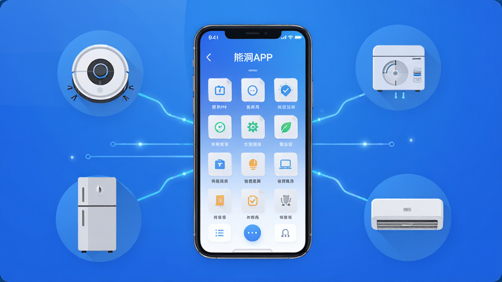 �ܶ�APP����չʾ����������Ϊ�ֻ���Ļ��ʾ���ܼҾӹ������棬��Χ����ɨ�ػ����ˡ����䡢�յ��ȼҵ�ͼ�꣬����Ϊ����״���У��Ű����࣬���Ϊ�Ƽ��б�ƽ����ϸ�ڰ�����ɫ���䱳���뷢�����������ʸ��壬�ɾ����޶���Ԫ��