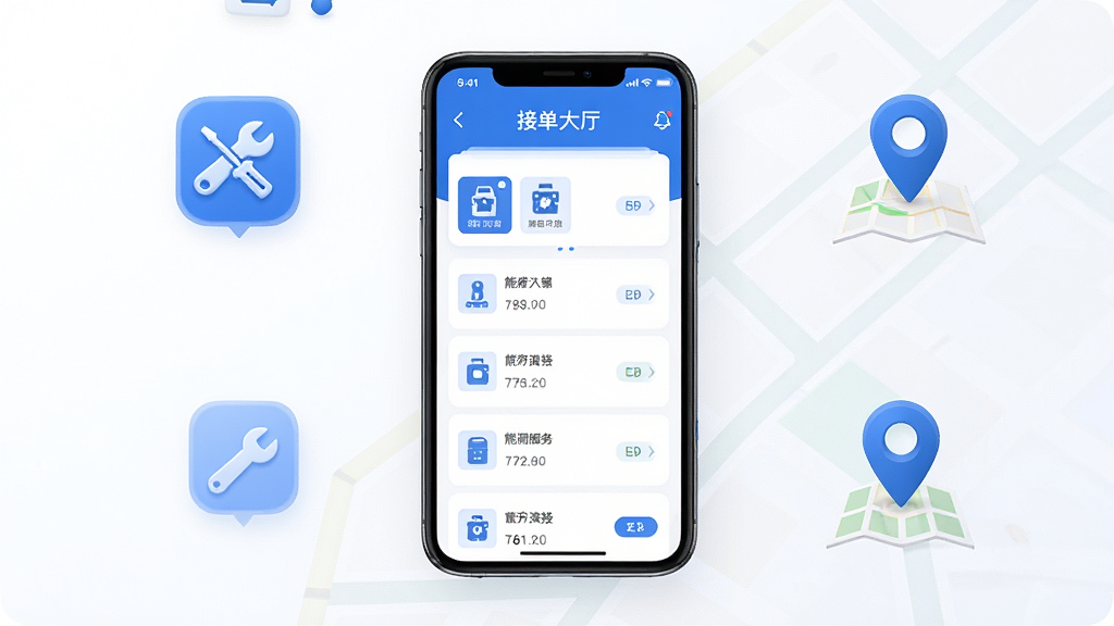 �ܶ�����ʦ����APP���棬��������Ϊ�ֻ���Ļ��ʾ�ӵ������б�����Χ���ƹ���ͼ�����ͼ��λ��ǣ�����Ϊ���·ֲ㣬�Ű����������Ϊ�����Լ��ϸ�ڰ�����ɫ��ɫ�����ɫ��Ƭʽ��ƣ����ʸ��壬�ɾ����޶���Ԫ��
