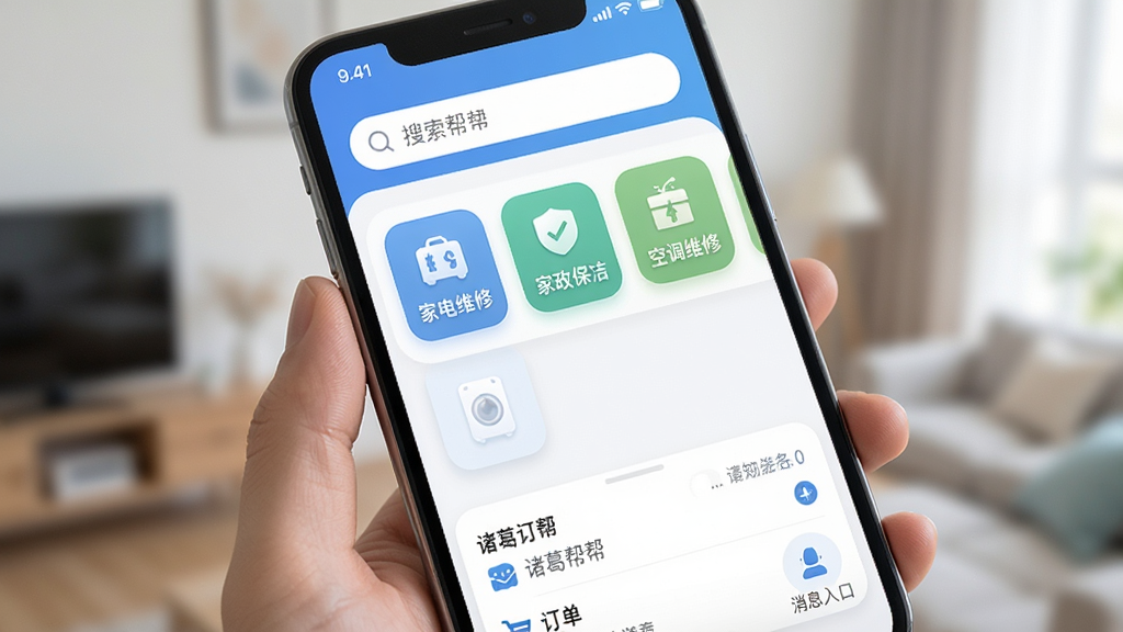 �ֻ���Ļչʾ������APP���棬����Ϊ�������������м��Ǽҵ�ά�ޡ��������ࡢ�յ�ά�޵ȷ������ͼ�꣬�ײ��Ƕ����б�����Ϣ��ڣ��������ˬ��ϸ��ΪԲ�ǿ�Ƭ�������Ӱ�������������ɾ����޶���Ԫ��