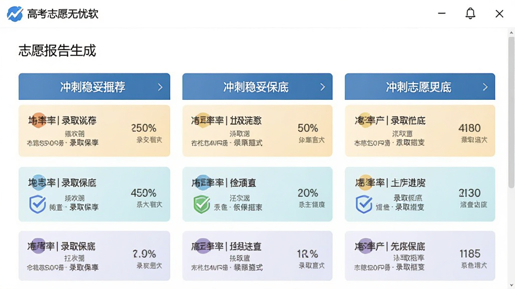 �߿�־Ը�������������ͼ��չʾ־Ը��������ҳ�棬��Ļ����ʾ������ױ�������ԺУ�Ƽ��б���ÿ��ԺУ��ע¼ȡ���ʰٷֱȣ����岼�������������רҵ�����ʸɾ����޶���Ԫ��