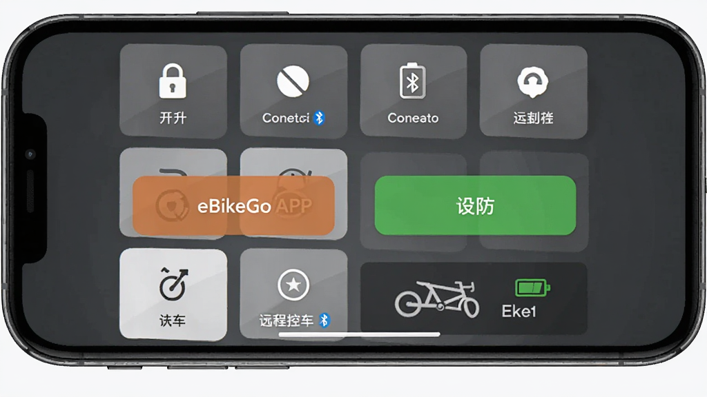 eBikeGo APP Զ�̿س����ܽ��棬����Ϊ�ֻ���Ļ��ʾ�����������ť������Ϊ����ͼ���������У��Ű�����������Լ����ϸ�ڰ�����������״̬�ͳ���������ʾ�����ʸ��壬�ɾ����޶���Ԫ��