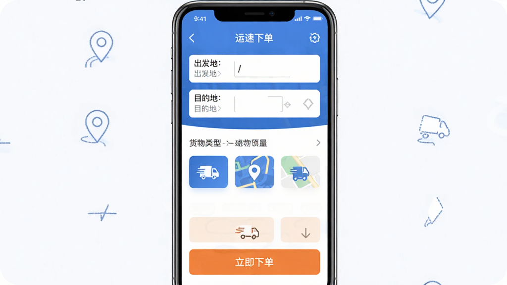 �ֻ���Ļչʾ�˶������µ����棬����Ϊ����ɫ��APPҳ�棬�����Ϸ��ǳ�������Ŀ�ĵ�������м��ǻ�������ѡ��ť���·�����Ŀ�ġ������µ�����ɫ��ť�����������ϸ�ڰ�����ͼ��λͼ�������Сͼ�꣬���������ɾ��޶���Ԫ��