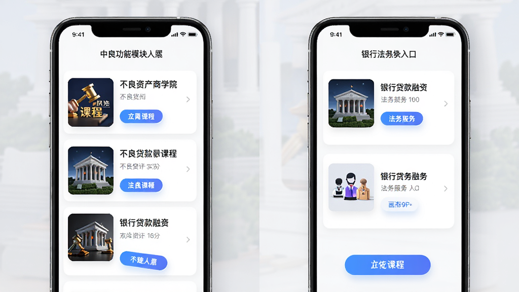 中御拍卖APP功能模块展示,主体为手机界面分屏布局,左侧为不良资产商学院课程列表,右侧为银行贷款融资与法务服务入口,排版整齐,风格现代简约,细节包含课程封面与按钮,画质高清,干净,无多余元素
